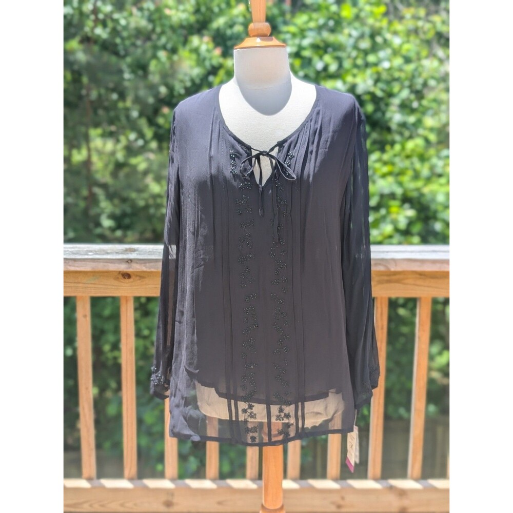 NWT Vintage Blouse Beaded Black Western Boho Festival Cotton Lined Sheer Large